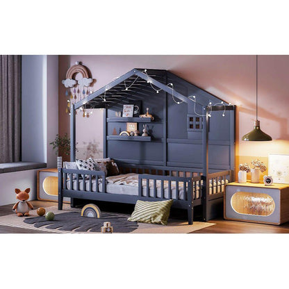 Twin Size House Bed with Shelves, House Bed with Window and Sparkling Light Strip on the Roof, Gray