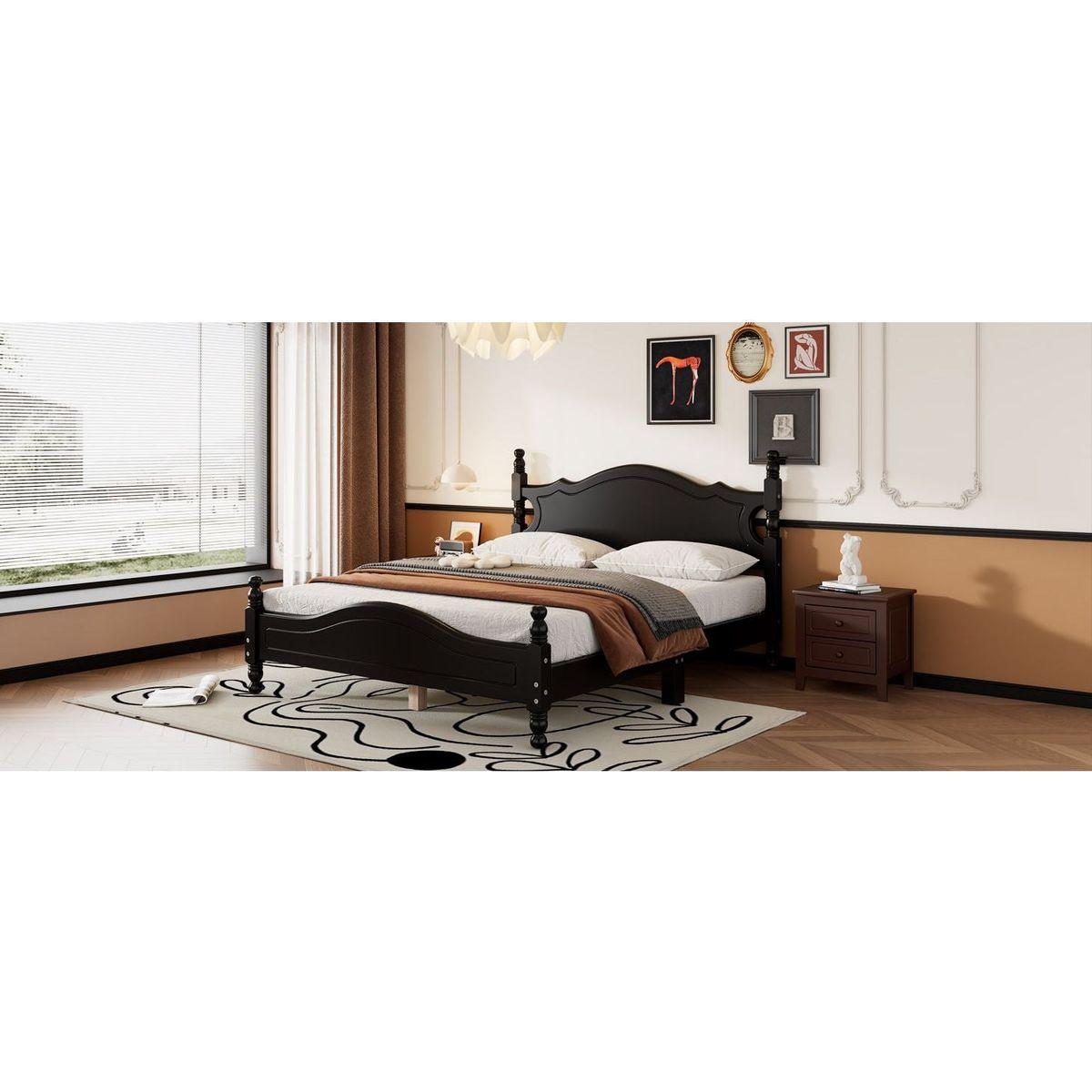 Queen Size Wood Platform Bed Frame,Retro Style Platform Bed with Wooden Slat Support,Black