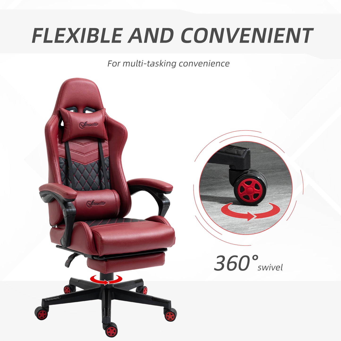 Vinsetto Racing Gaming Chair Diamond PU Leather Office Gamer Chair High Back Swivel Recliner with Footrest, Lumbar Support, Adjustable Height, Red