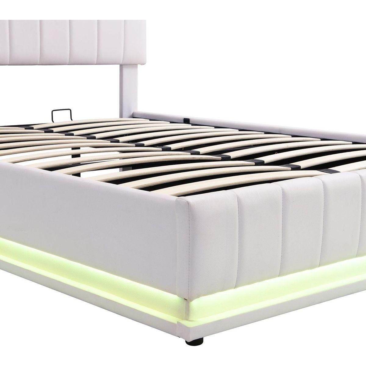 Full Size Upholstered Bed with Hydraulic Storage System and LED Light, Modern Platform Bed with Sockets and USB Ports, White