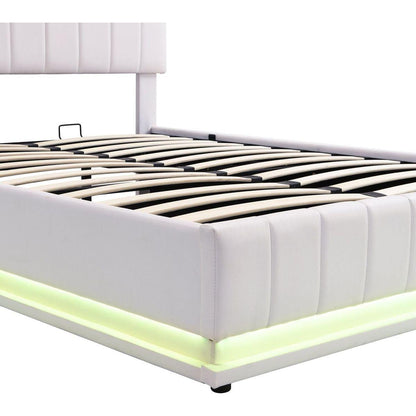 Full Size Upholstered Bed with Hydraulic Storage System and LED Light, Modern Platform Bed with Sockets and USB Ports, White