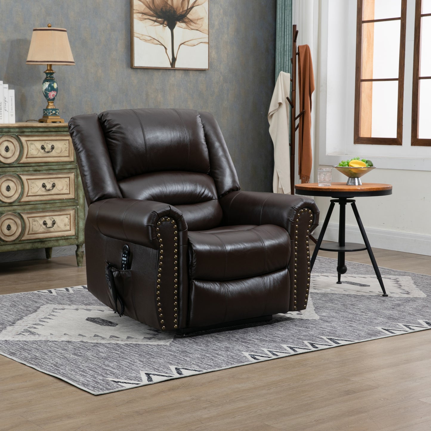 Power Lift Recliner Chair Heat Massage Dual Motor Infinite Position Up to 350 LBS, Genuine Leather, Heavy Duty Motion Mechanism with USB Ports, Brown