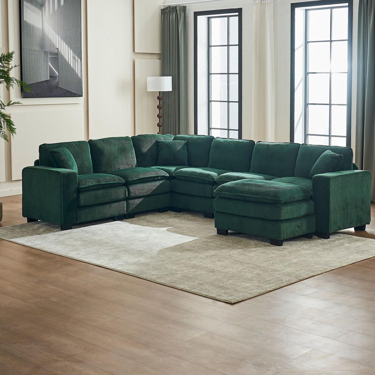 Modern U Shaped 6-seat Sectional Sofa Couch with one Ottoman and three toss pillows, Modular Sofa for Living Room,Corduroy sofa
