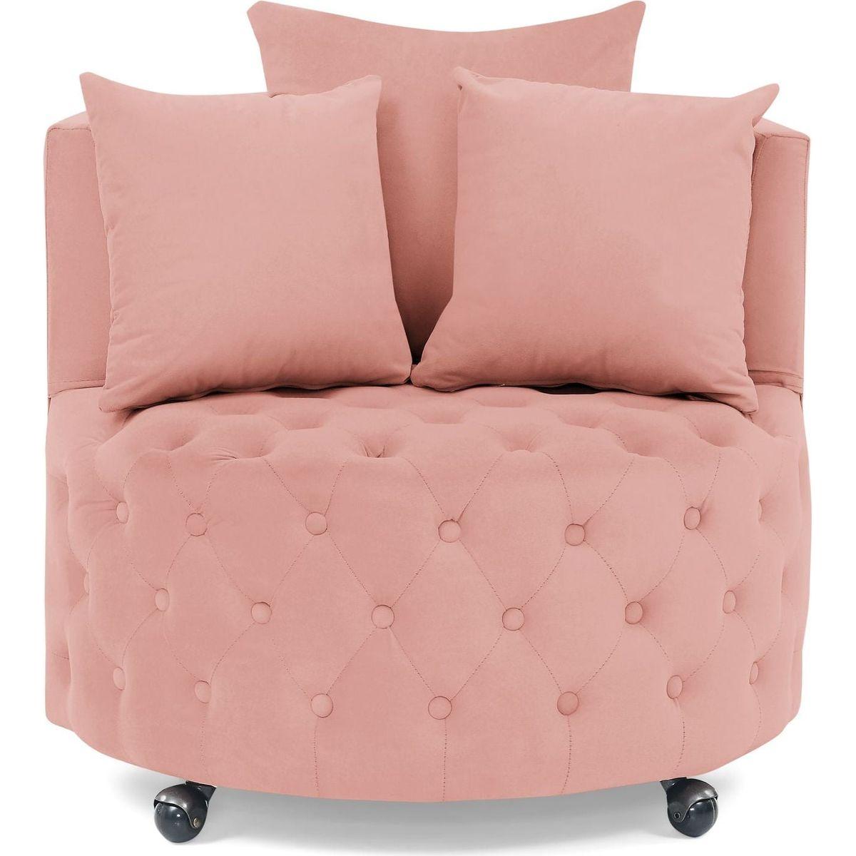 Velvet Upholstered Swivel Chair for Living Room, with Button Tufted Design and Movable Wheels, Including 3 Pillows, Pink