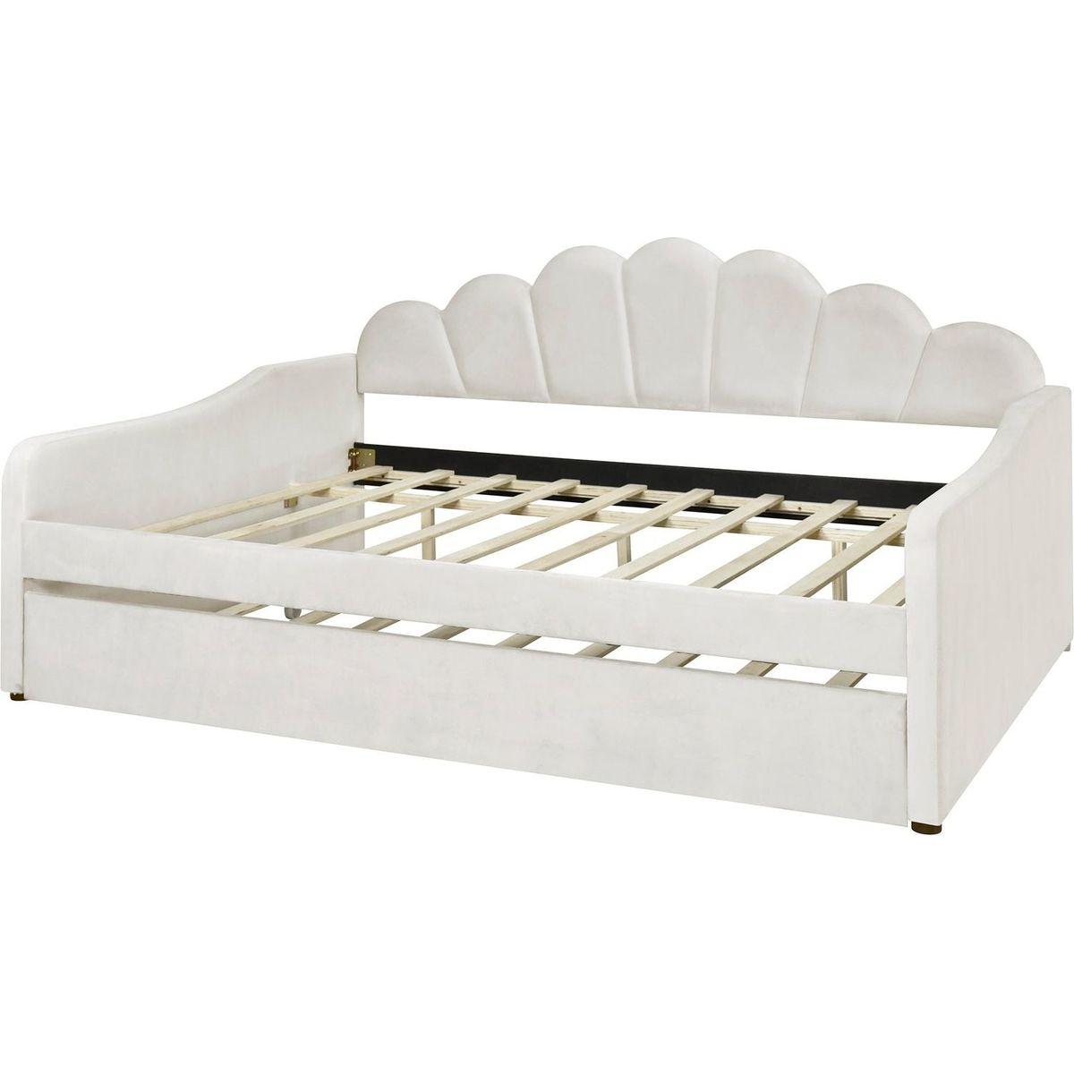 Full Size Upholstery Daybed Frame with Shall Shaped Backrest and Trundle,Beige