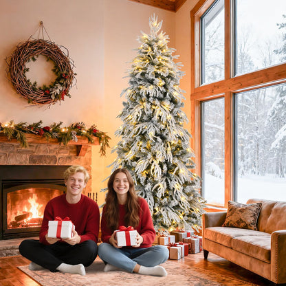 8ft Slim Flocked Christmas Tree Pre-lit w/ 950 Premium PE&PVC Tips, 350Warm White LED Lights, Skinny Noble Artificial Christmas Tree Easy Assembly for Home, Corner, Narrow Place