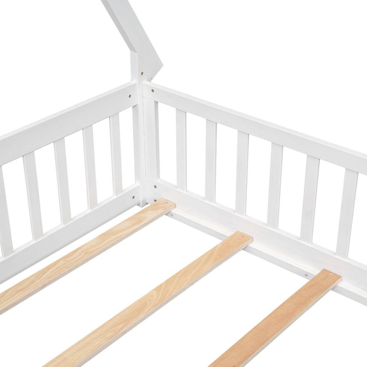 Full Tent-shaped Floor Bed, with Guardrails, Slats, Door, White