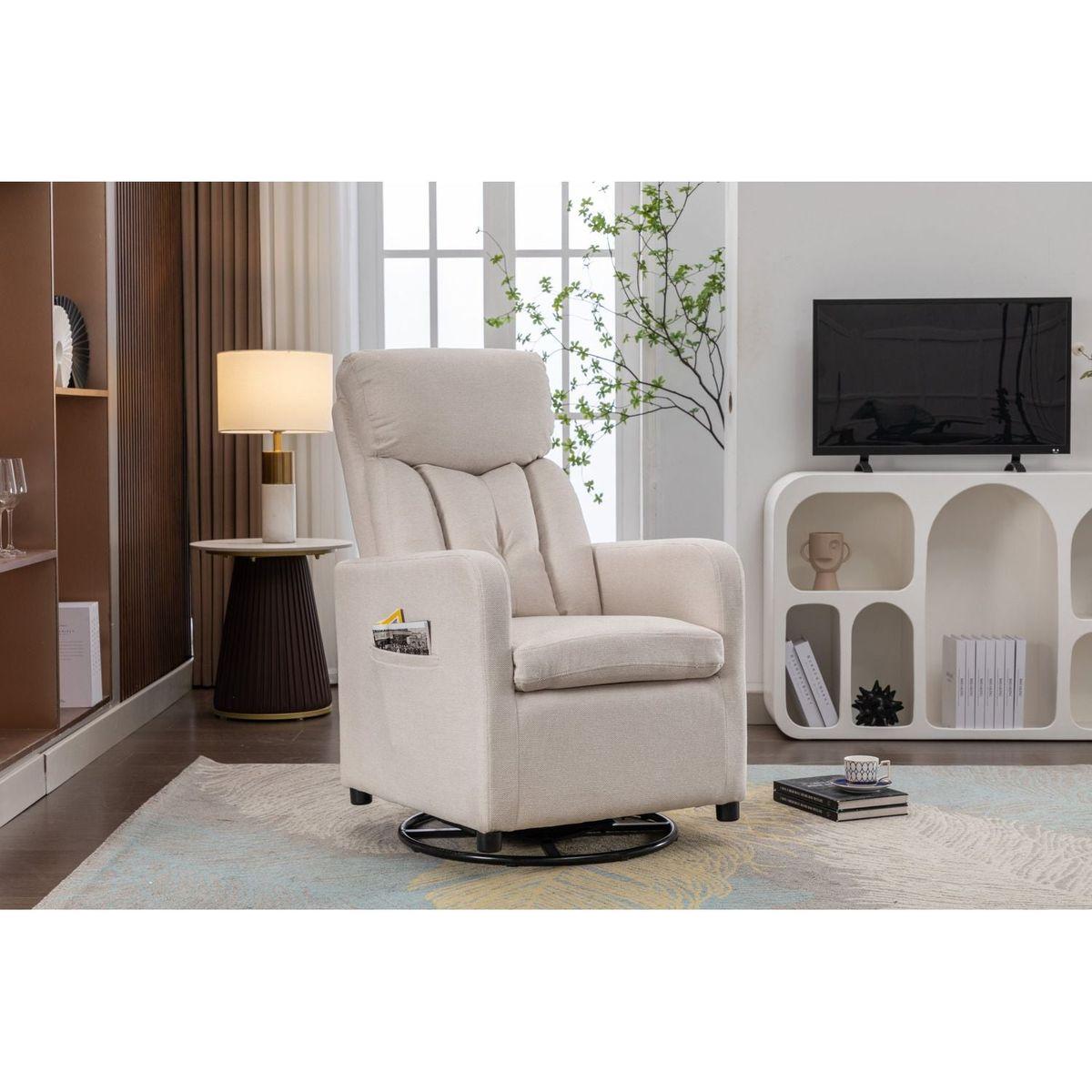 Linen Fabric Swivel Rocking Chair Gilder Chair With Pocket,Beige