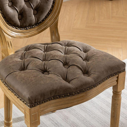 French Style Solid Wood Frame Antique Painting,Hand-pulled buckle decoration PU artificial leather Dining Chair with Nailhead Trim, Wood Legs,Density Foam,Steel Spring inner,Set of 2,Brown