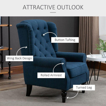 Button-Tufted Accent Chair with High Wingback, Rounded Cushioned Armrests and Thick Padded Seat, Blue