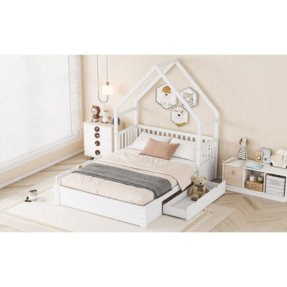 Wood Queen Size House Platform Bed with Guardrail and 2 Drawers, White