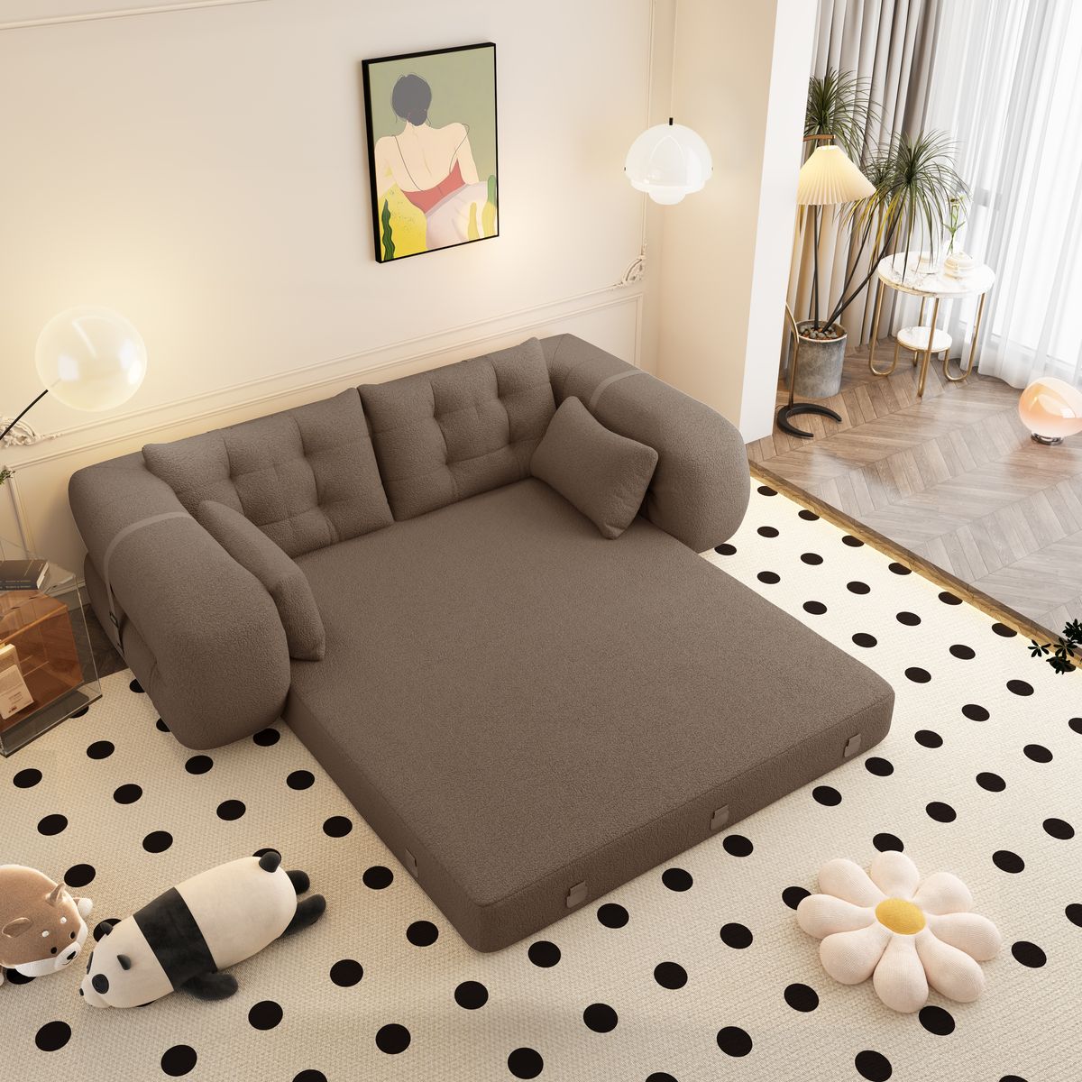Human Dog Bed, Lazy Sofa Couch, 78.7' Multi-Functional Foldable Sofa Bed, 3-in-1 Teddy Fabric Foam-Filled Sleeper Sofa Bed for Living Room,Guest Bed,Playroom,Brown