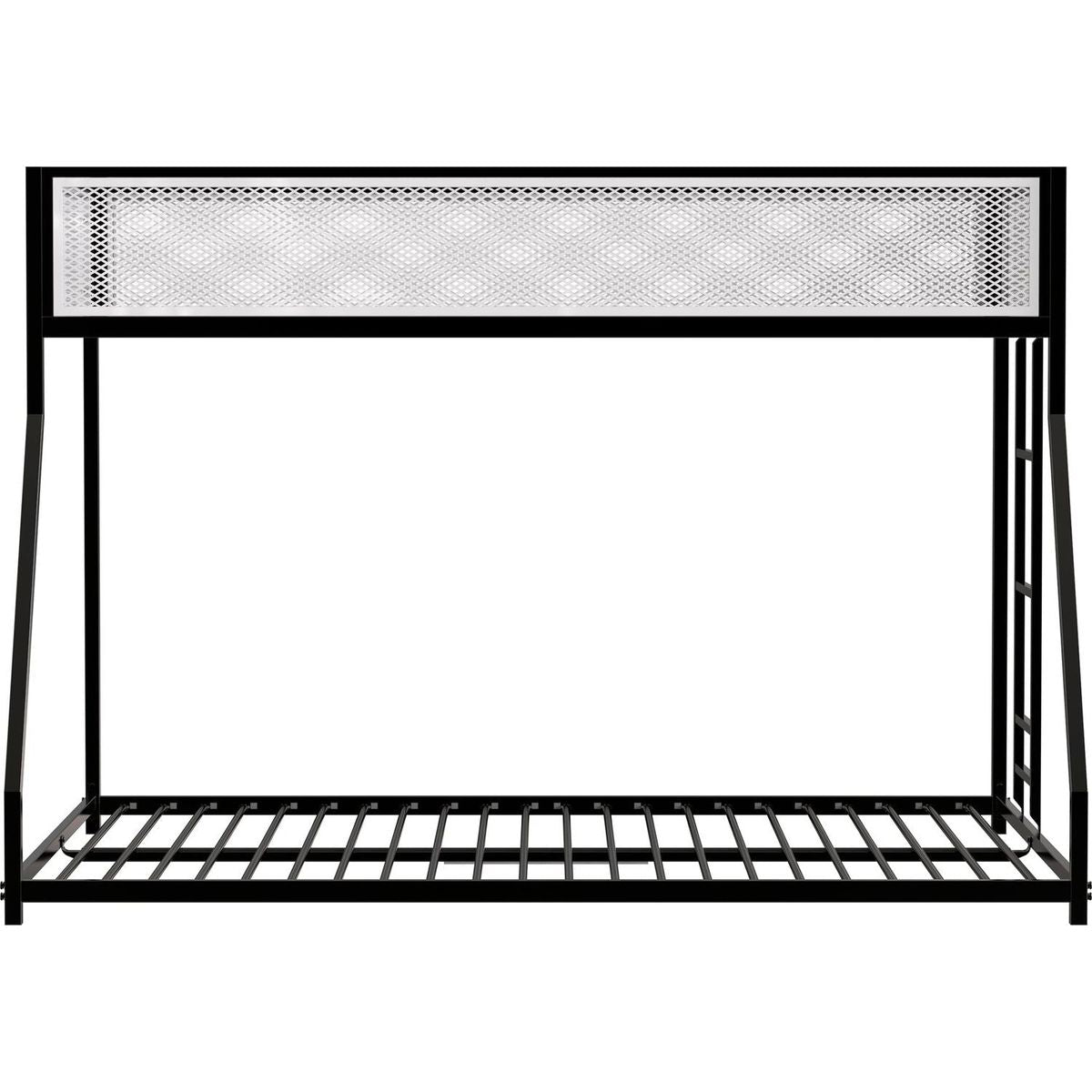 Adam Twin Full Bunk Black with White Mesh Guard Rail for Kids and Adult, Low Profile and Easy Climbing with Stable Ladder
