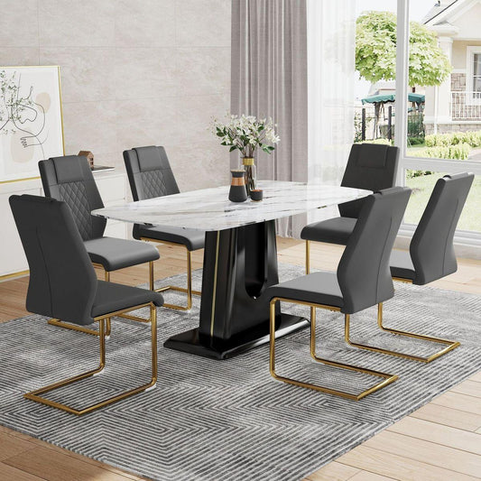 Table and chair set, modern and minimalist dining table, imitation marble patterned tabletop, MDF legs with U-shaped brackets. Paired with comfortable chairs, suitable for dining and living rooms.