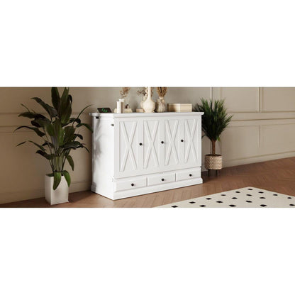 Solid Pine Murphy Bed Chest Cube Cabinet Bed with Charging Station and Large Storage Drawer for Home Office or Small Room,Full,White