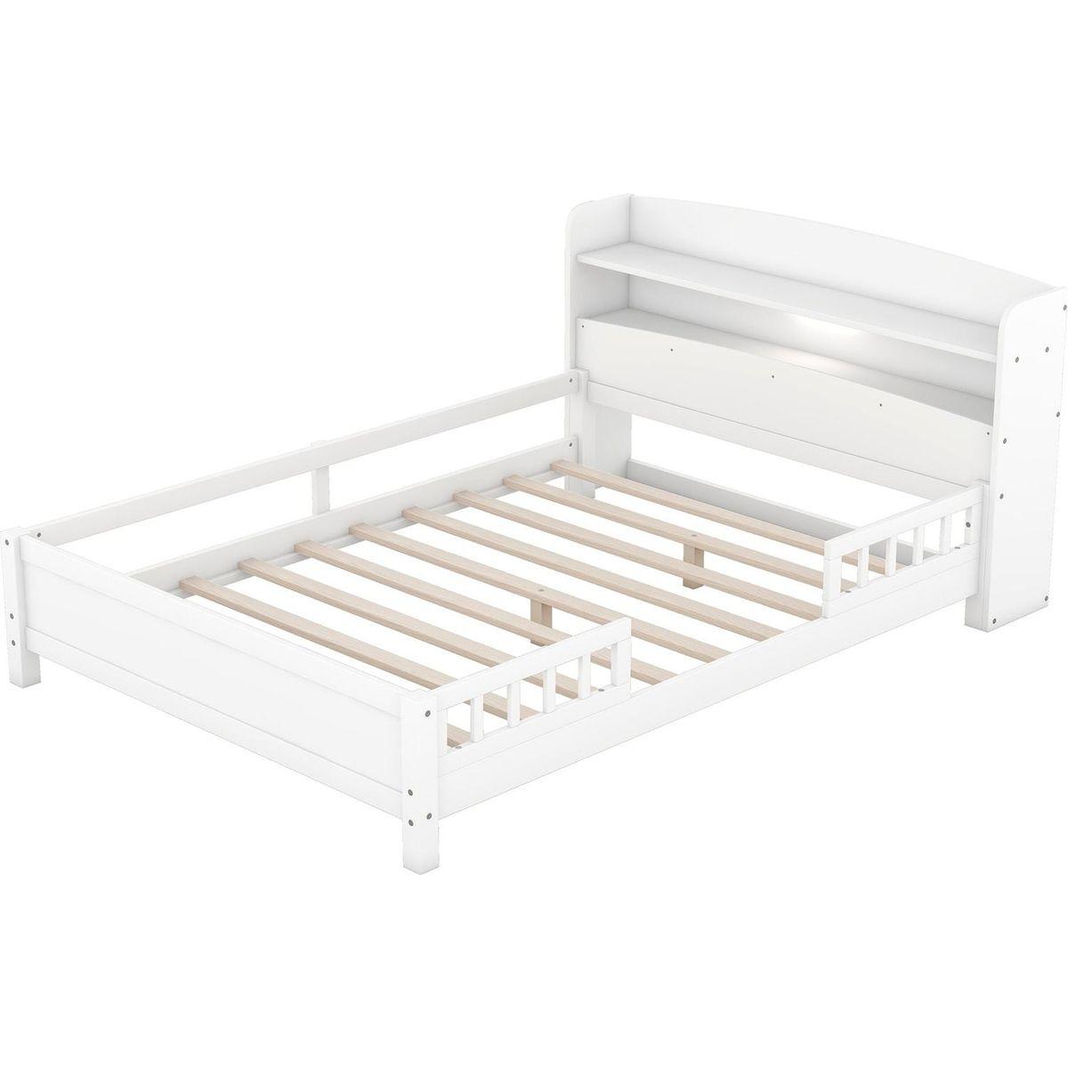 Wood Full Size Platform Bed with Built-in LED Light, Storage Headboard and Guardrail, White