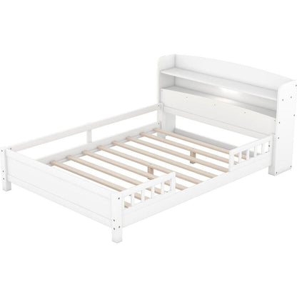 Wood Full Size Platform Bed with Built-in LED Light, Storage Headboard and Guardrail, White