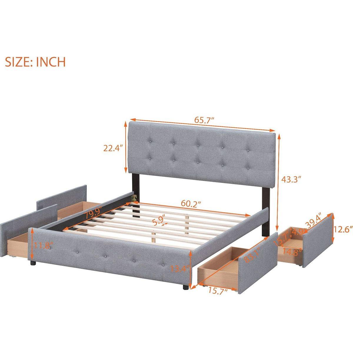 Upholstered Platform Bed with Classic Headboard and 4 Drawers, No Box Spring Needed, Linen Fabric, Queen Size Light Gray