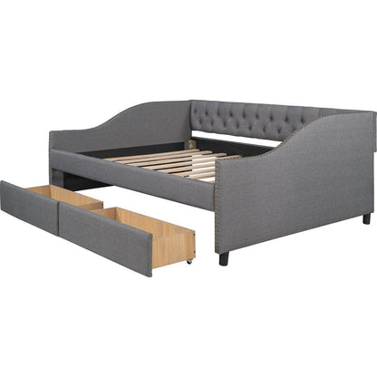 Upholstered daybed with Two Drawers, Wood Slat Support, Gray, Full Size