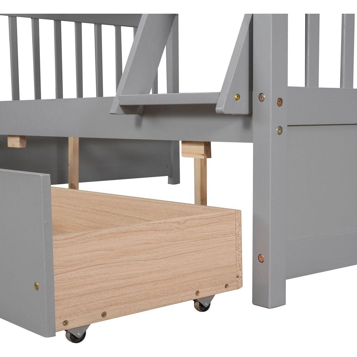 Twin-Over-Full Bunk Bed with Ladders and Two Storage Drawers(Gray){o