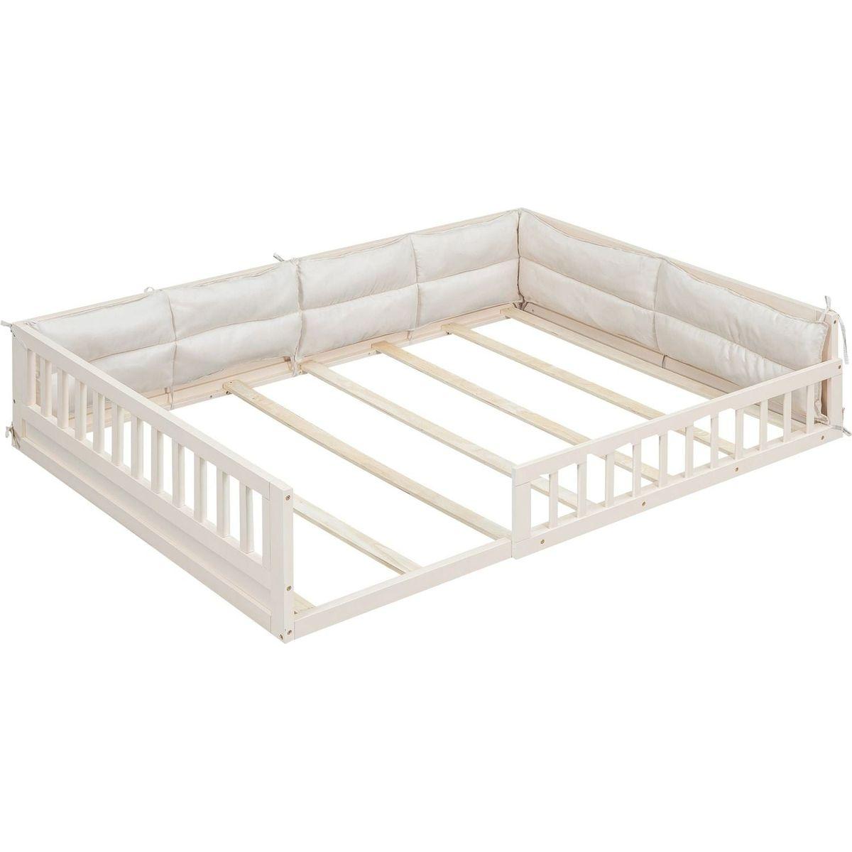 Wood Full Size Upholstered Platform Bed with Guardrail and Pillow, Beige