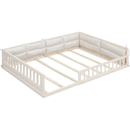 Wood Full Size Upholstered Platform Bed with Guardrail and Pillow, Beige