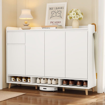 Sleek and Contemporary Shoe Cabinet with Adjustable Shelves, Minimalist Home Organizer with Solid Wood Legs, Storage Sideboard for Entryway, Living Room, White