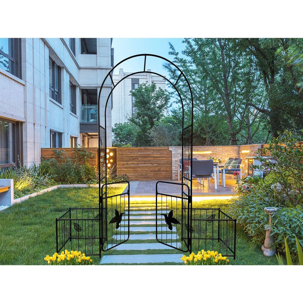 Metal Garden Arch with doors Garden Arbor Trellis Climbing Plants Support Arch Outdoor Arch Wedding Arch Party Events Archway Black