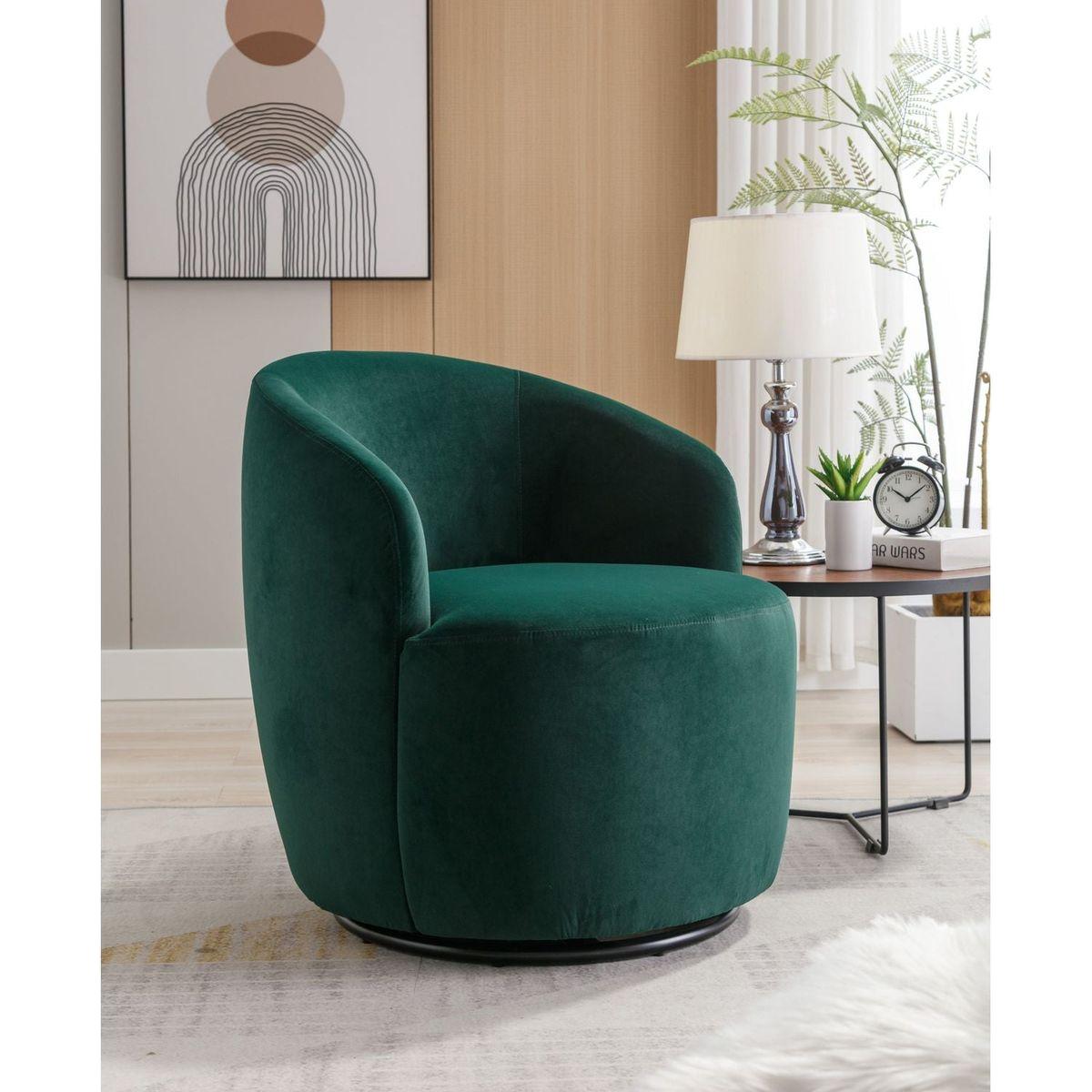 Velvet Fabric Swivel Accent Armchair Barrel Chair With Black Powder Coating Metal Ring,Green