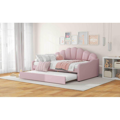 Full Size Upholstery Daybed Frame with Shall Shaped Backrest and Trundle,Pink