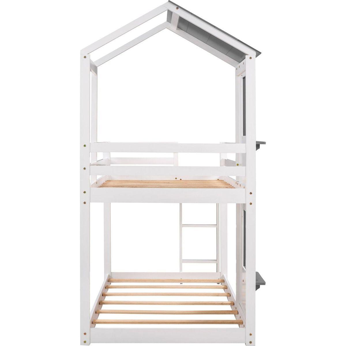 Twin Over Twin Bunk Bed Wood Bed with Roof, Window, Guardrail, Ladder (White)