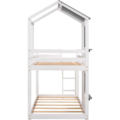 Twin Over Twin Bunk Bed Wood Bed with Roof, Window, Guardrail, Ladder (White)