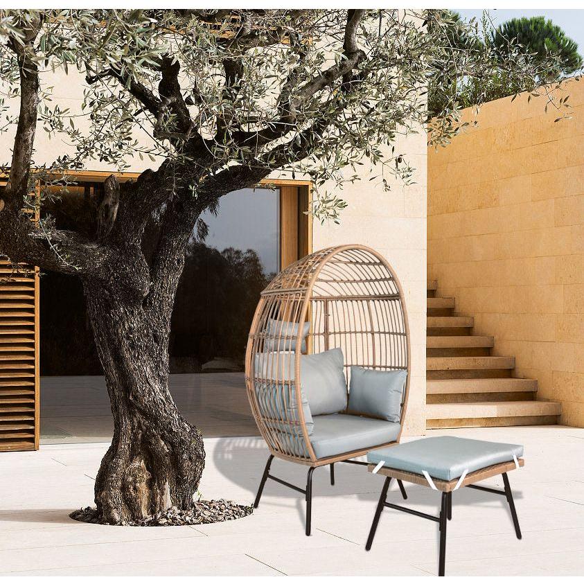 Outdoor Garden Wicker Egg Chair And Footstool Patio Chaise, With Cushions, Outdoor Indoor Basket Chair
