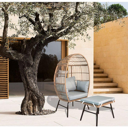 Outdoor Garden Wicker Egg Chair And Footstool Patio Chaise, With Cushions, Outdoor Indoor Basket Chair