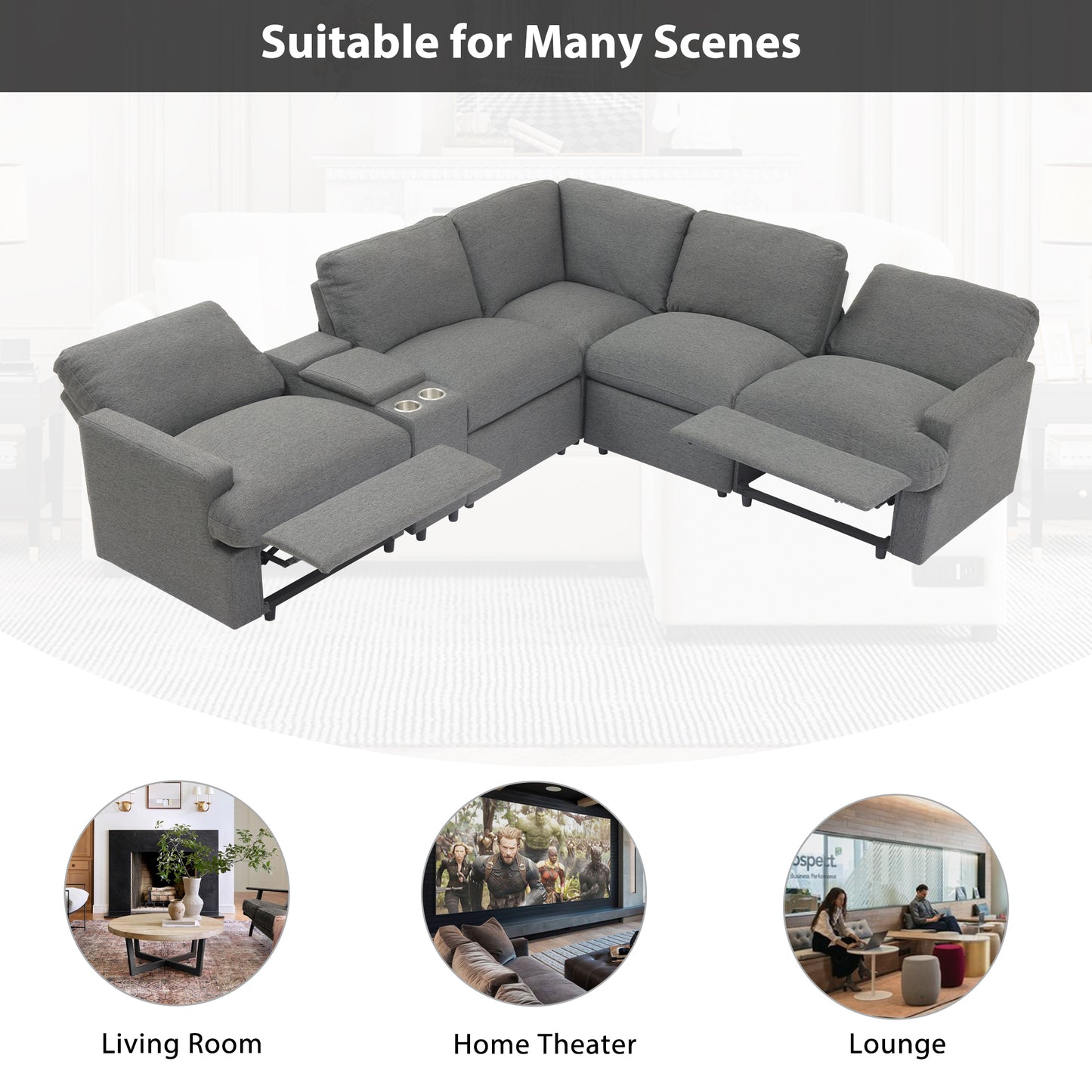 104" Power Recliner Corner Sofa Home Theater Reclining Sofa Sectional Couches with Storage Box, Cup Holders, USB Ports and Power Socket for Living Room, Dark Grey