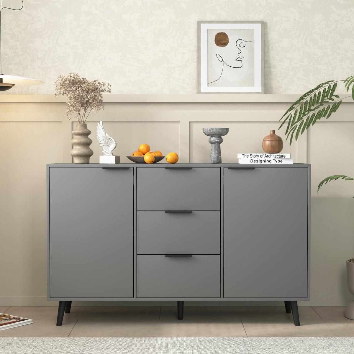 Sideboard Buffet Cabinet with Storage, Wood Coffee Bar Cabinet, 47.2" Kitchen Cabinet with 3 Drawers & 2 Doors, Kitchen Buffet Cabinet Cupboard Gray