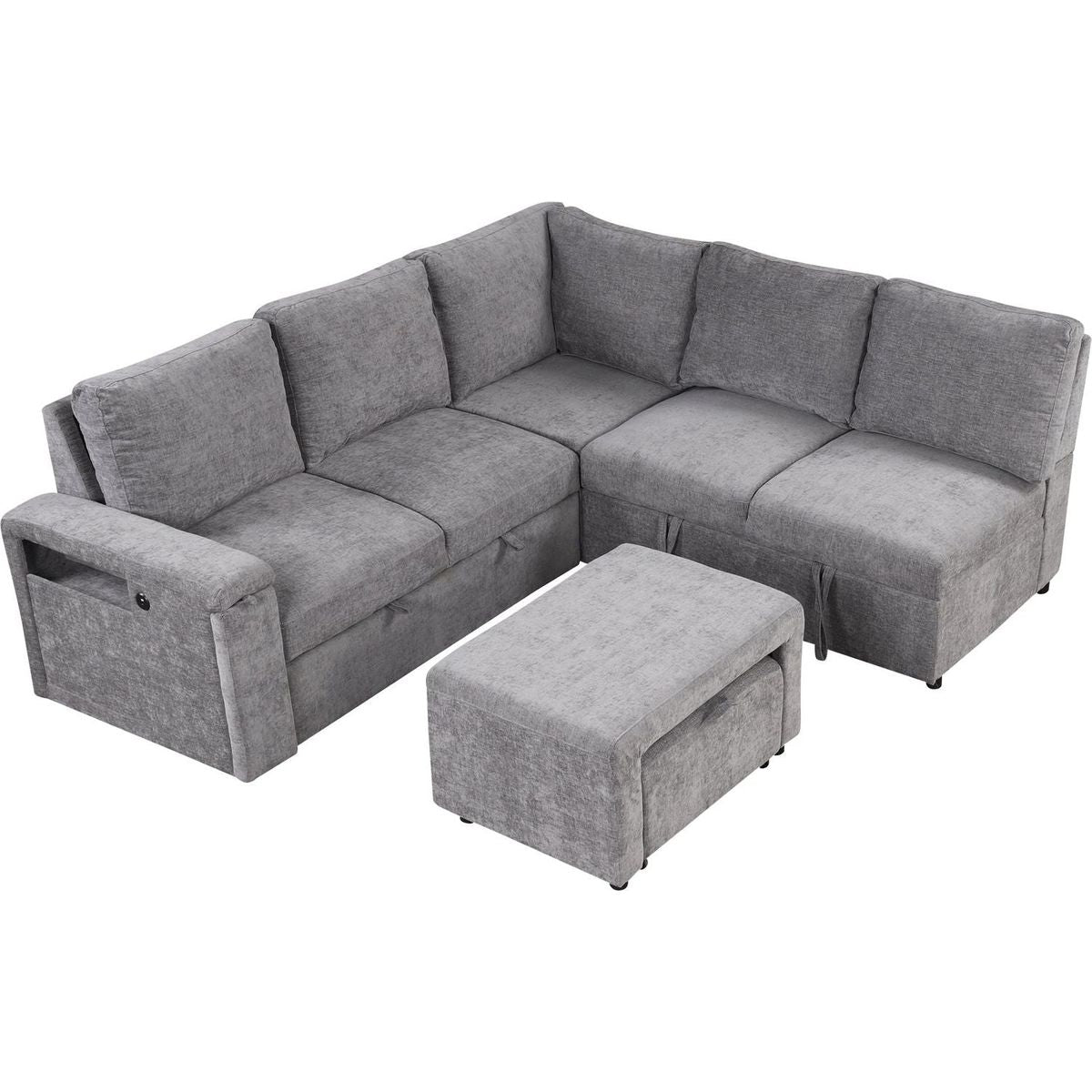 L-shaped Padded Modular Sofa with Storage Space, USB Ports, and Cup Holders on the Armrests, Suitable for Living Rooms, Offices, and Apartments.