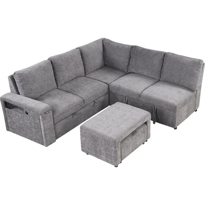 L-shaped Padded Modular Sofa with Storage Space, USB Ports, and Cup Holders on the Armrests, Suitable for Living Rooms, Offices, and Apartments.