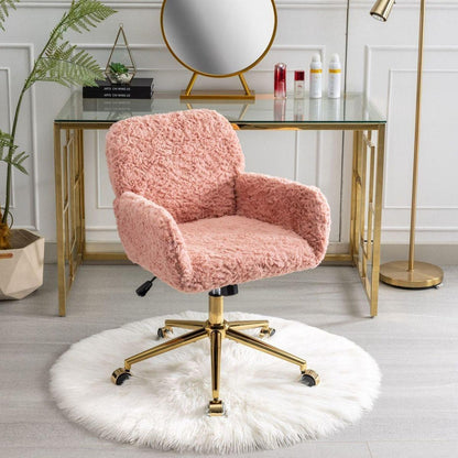 Office Chair,Artificial rabbit hair Home Office Chair with Golden Metal Base,Adjustable Desk Chair Swivel Office Chair,Vanity Chair(Pink)