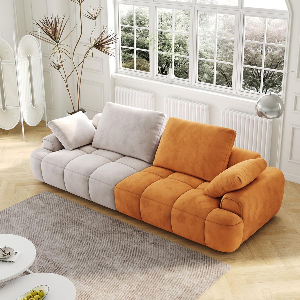 86.6"Large size two Seat Sofa,Modern Upholstered,Gray paired with yellow suede fabric Increase in sitting height