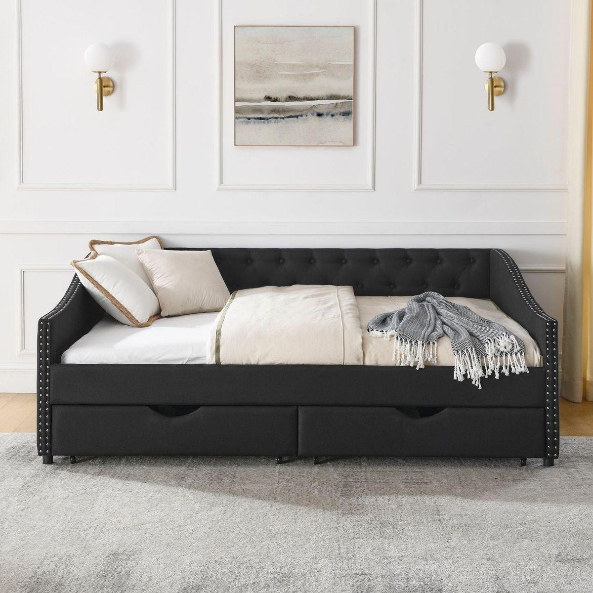 Full Size Daybed with Drawers Upholstered Tufted Sofa Bed, with Button on Back and Copper Nail on Waved Shape Arms(80.5"x55.5"x27.5")