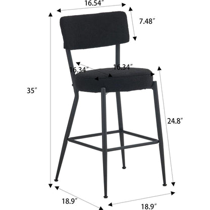 Set of 2 modern teddy fabric upholstered bar stools - Metal base high stool - Suitable for kitchen, dining and living room - Black - Stylish and comfortable island seating
