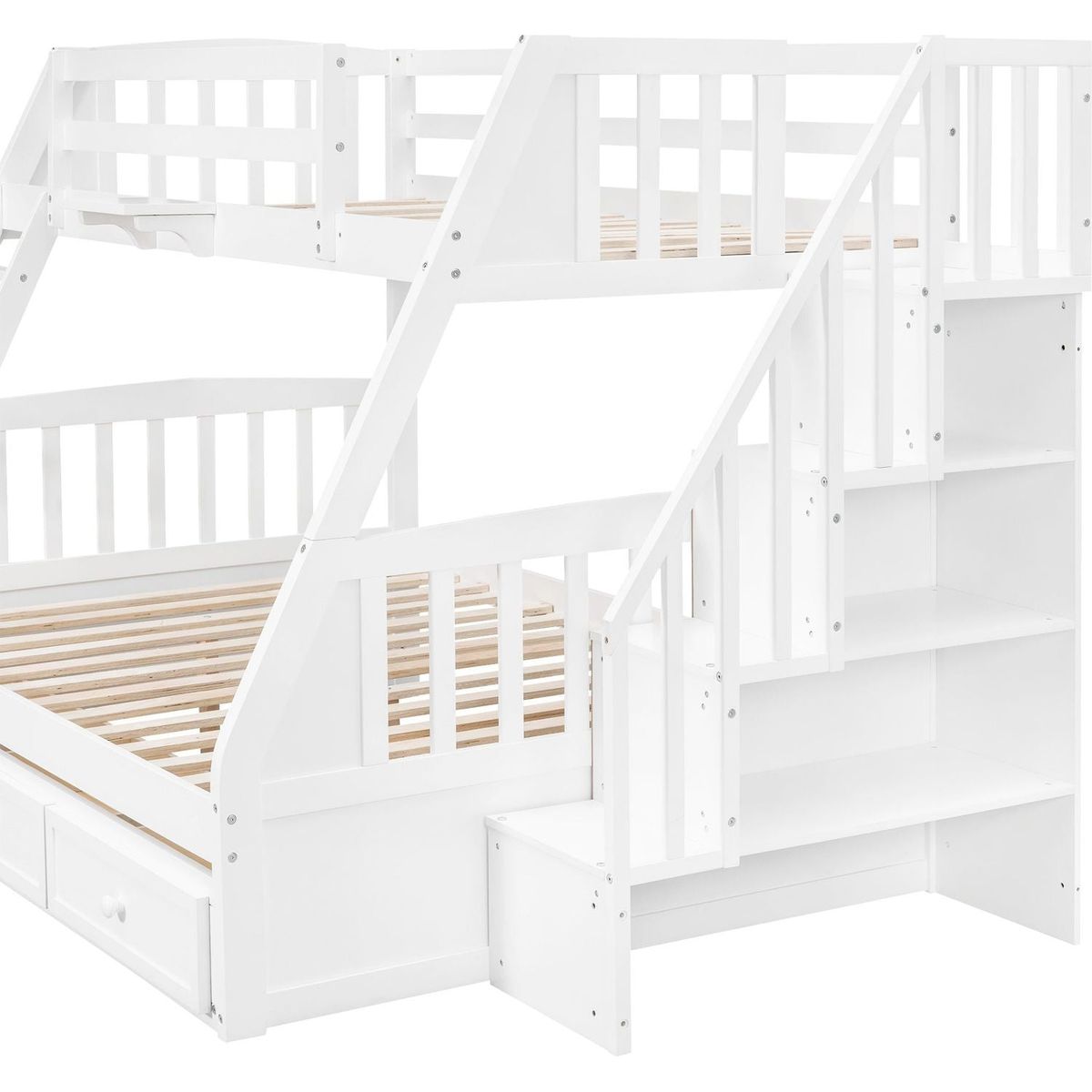 Twin-Over-Full Bunk Bed with Drawers氓Ladder and Storage Staircase, White