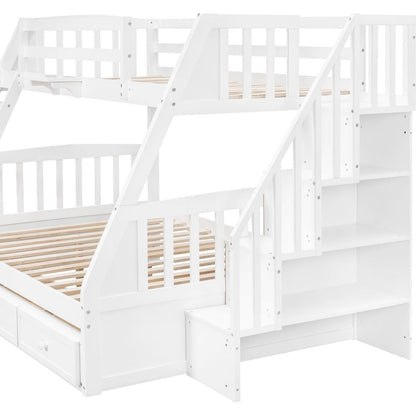 Twin-Over-Full Bunk Bed with Drawers氓Ladder and Storage Staircase, White