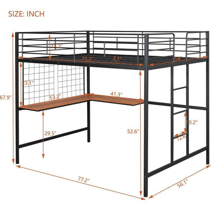Full Metal Loft Bed with Desk and Metal Grid, Black