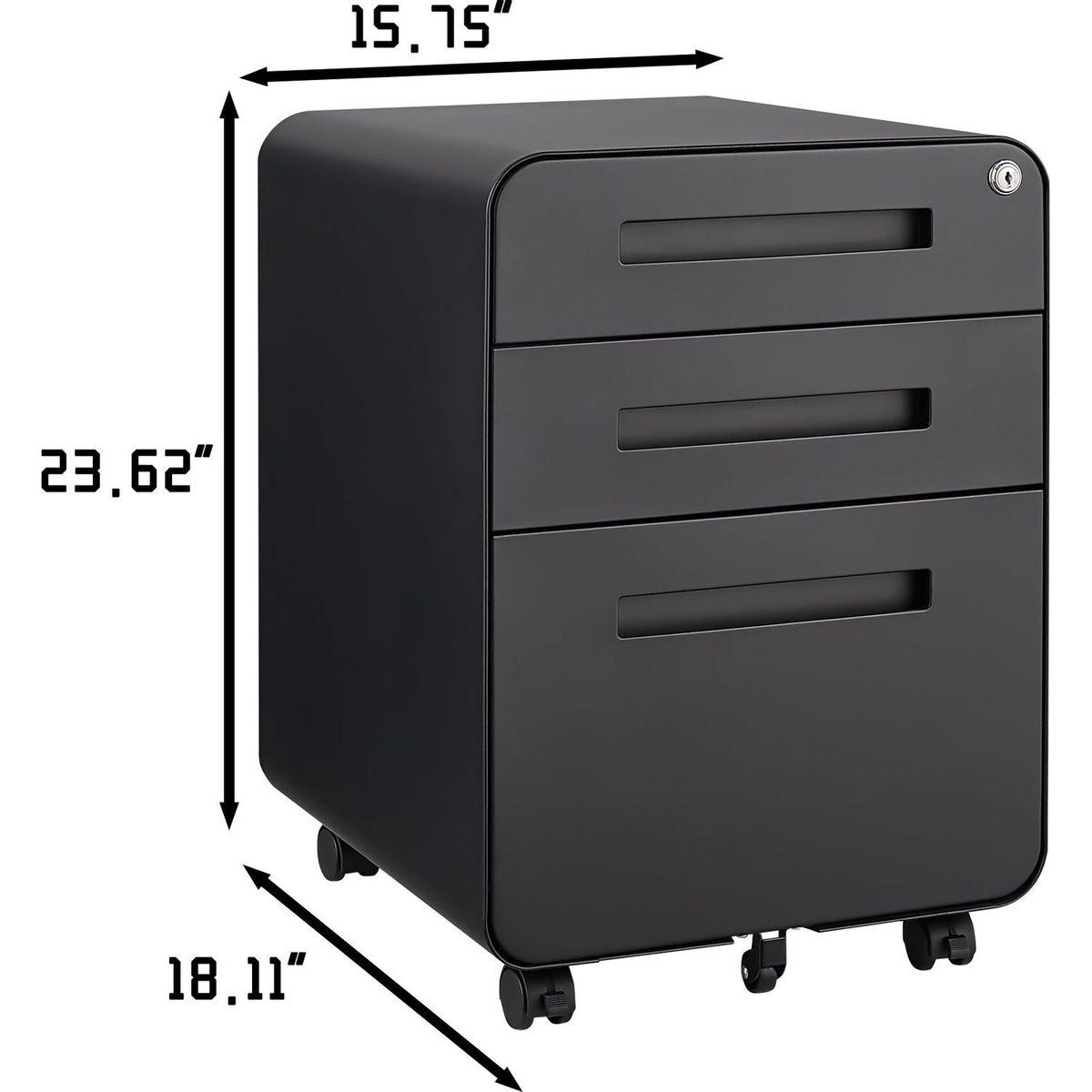 3 Drawer Mobile File Cabinet Under Desk Office,Simple Style Versatile Storage Cabinet for Legal/Letter/A4 Files, 5 Wheel Design Anti-Tilting Cold Rolled Steel Waterproof Moisture-Proof Black