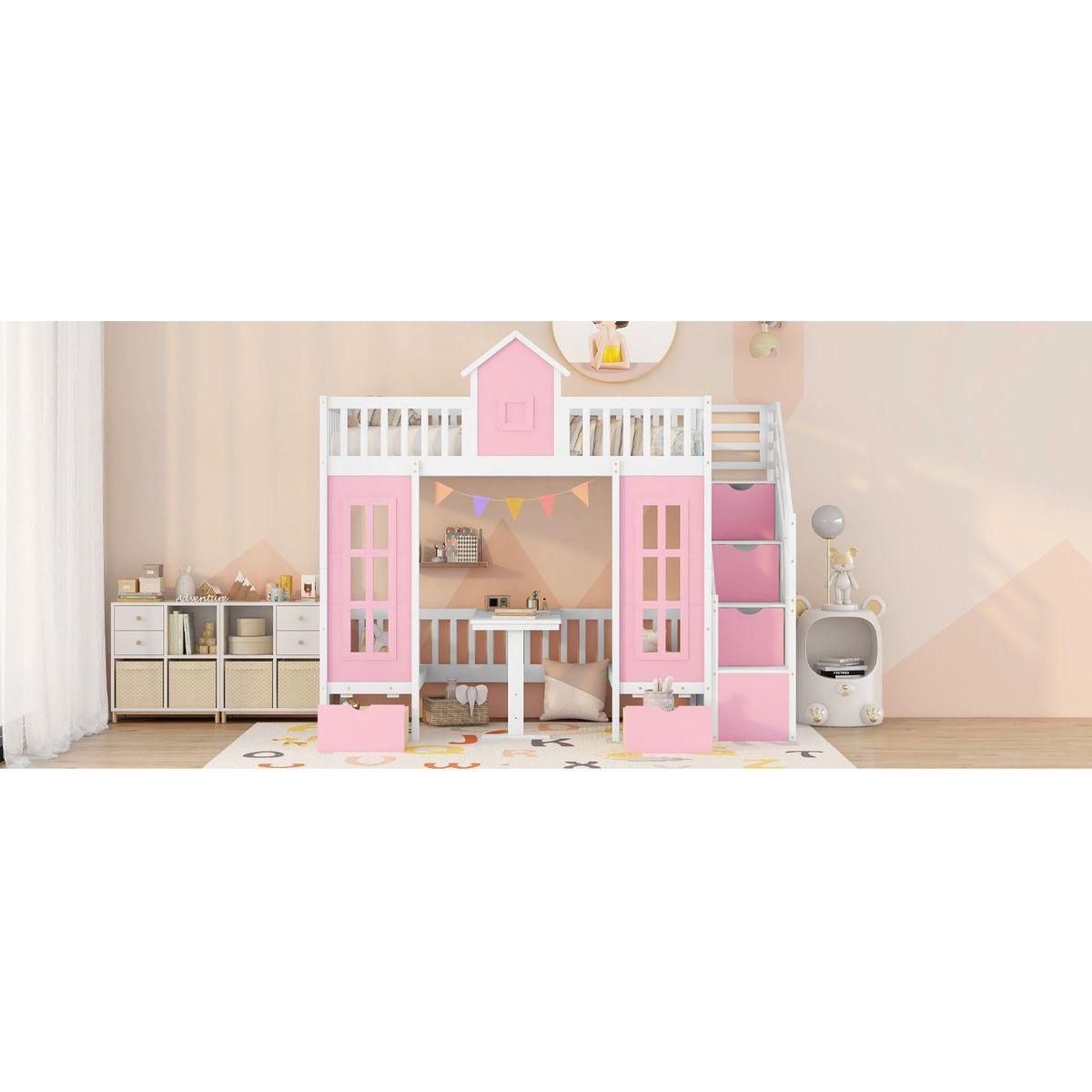 Twin-Over-Twin Bunk Bed with Changeable Table, Bunk Bed Turn into Upper Bed and Down Desk -Pink
