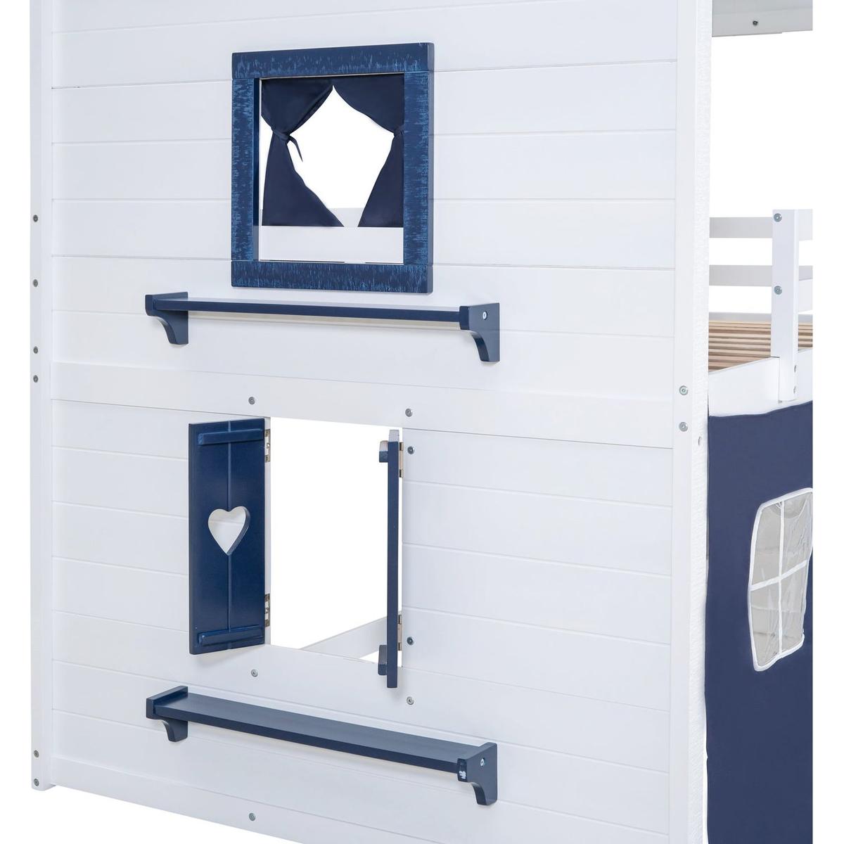 Full Size Bunk Wood House Bed with Elegant Windows, Sills and Tent, Blue+White