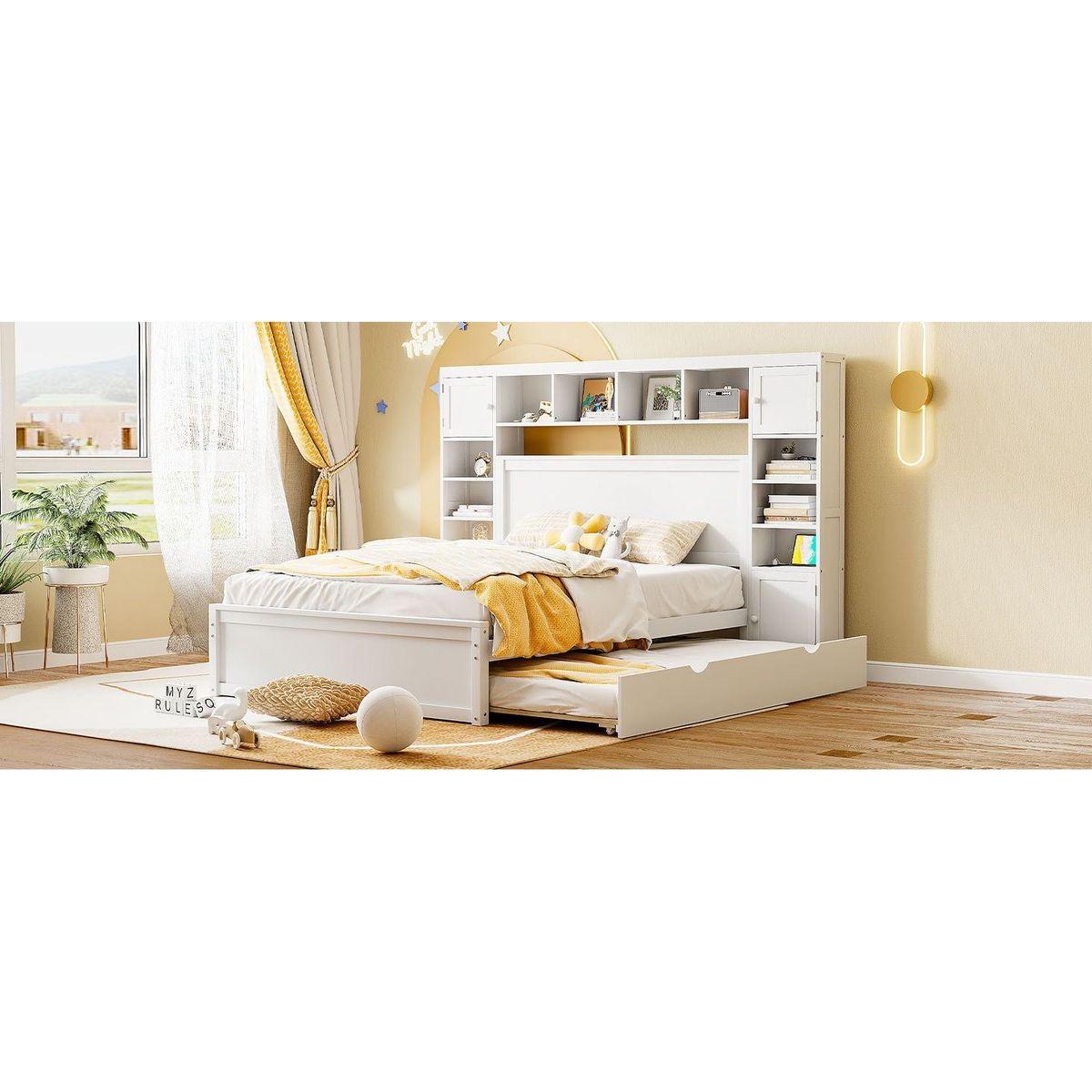 Queen Size Wooden Bed With All-in-One Cabinet, Shelf and Sockets, White