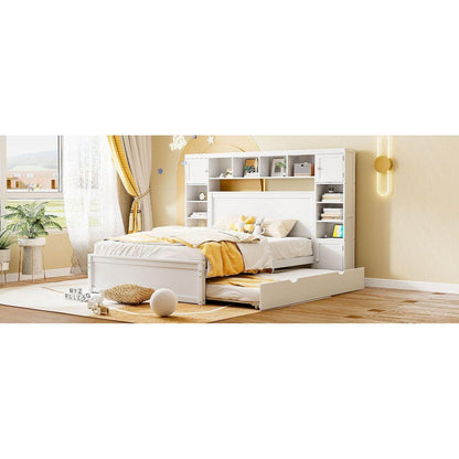 Queen Size Wooden Bed With All-in-One Cabinet, Shelf and Sockets, White